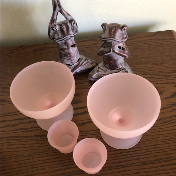VINTAGE COTTON CANDY PINK FROSTED SATIN 4 pc SET 2 5”x 4” COMPOTE & 2 VOTIVES - Picture 3 of 16